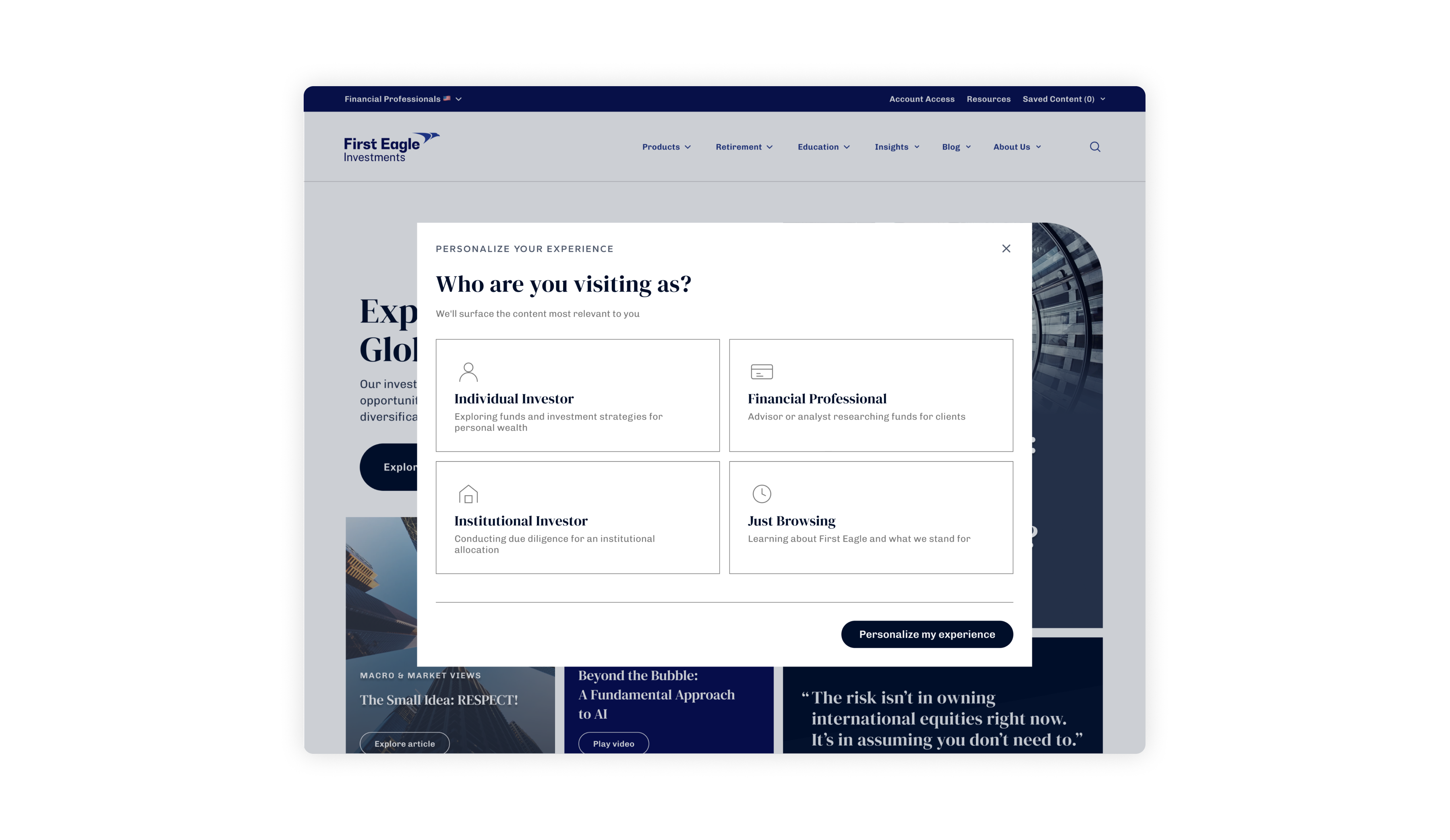First-visit audience identification prompt on the First Eagle homepage