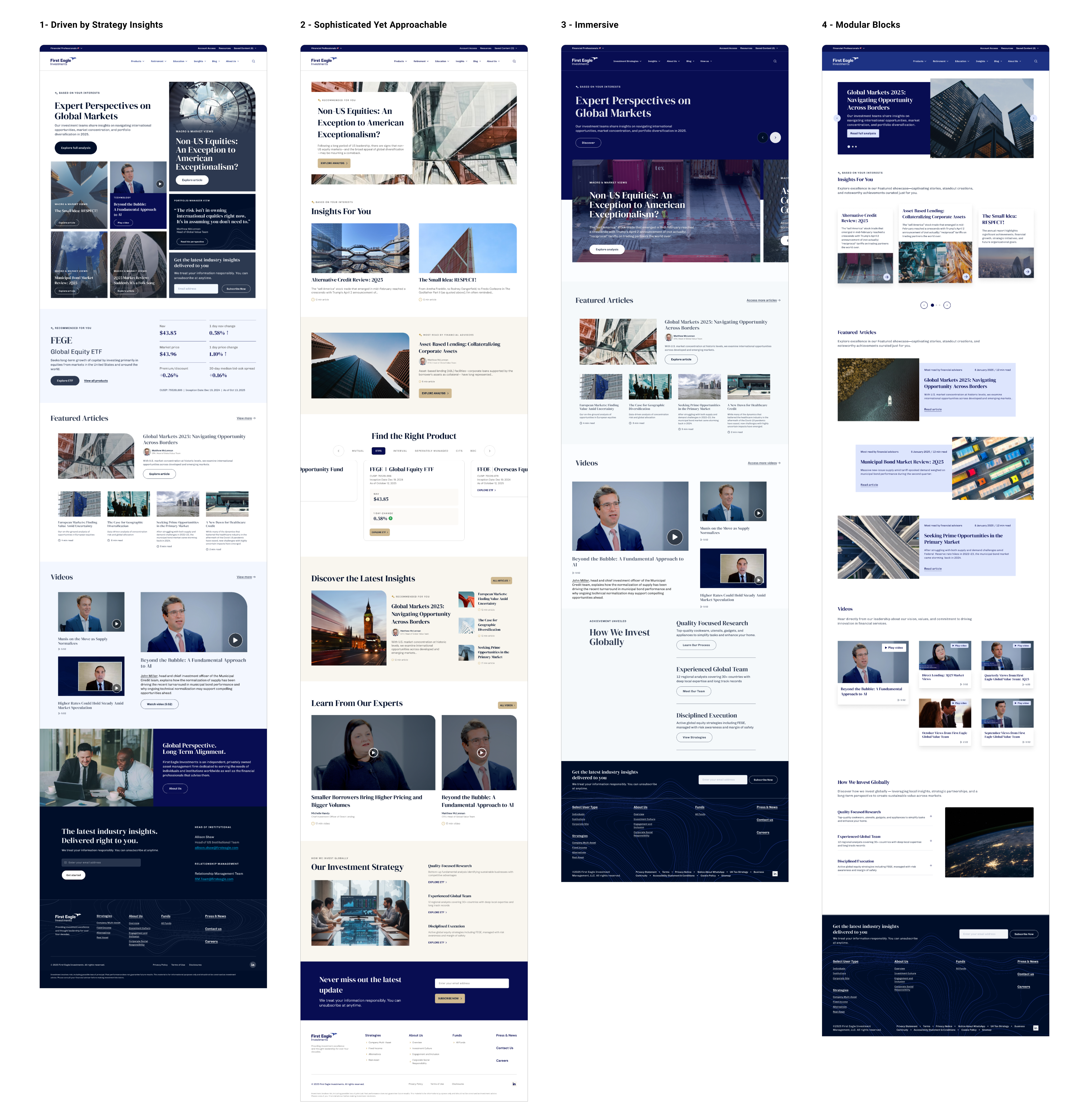 Four homepage explorations — Driven by Strategy Insights, Sophisticated Yet Approachable, Immersive, and Modular Blocks