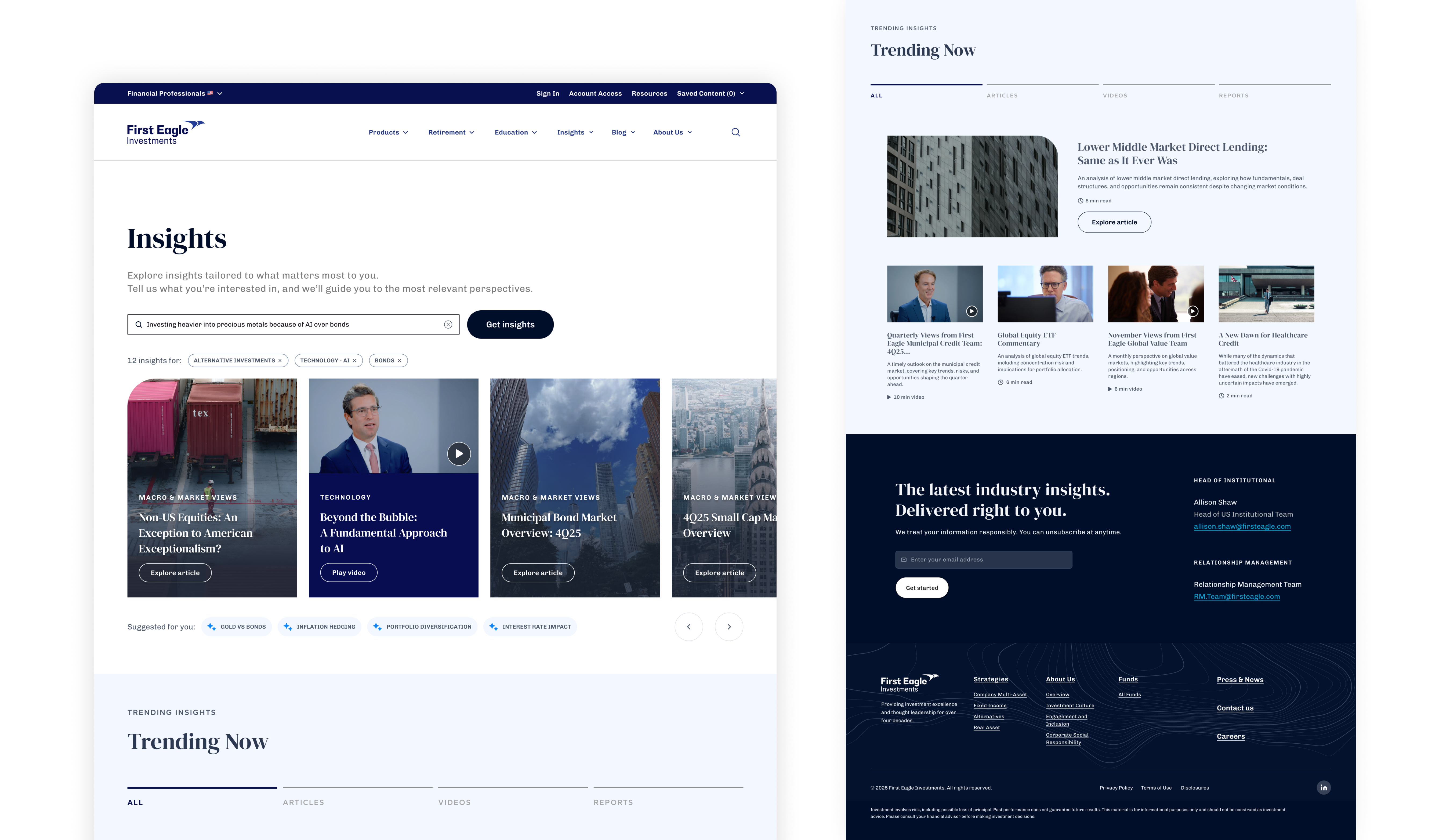 Insights Hub personalized search interface showing audience-aware results and suggested content