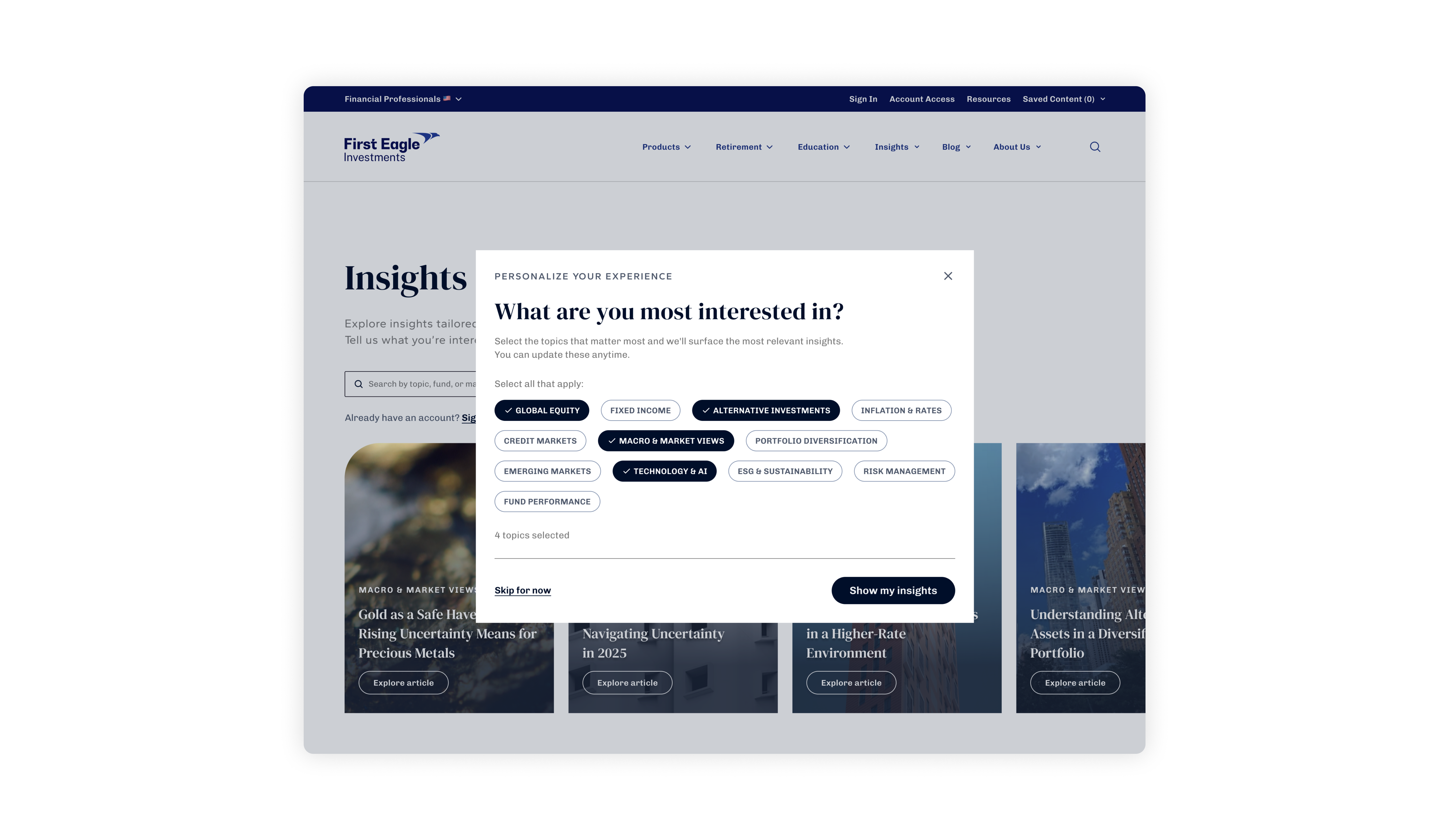 Interest selection modal overlaying the Insights Hub zero state